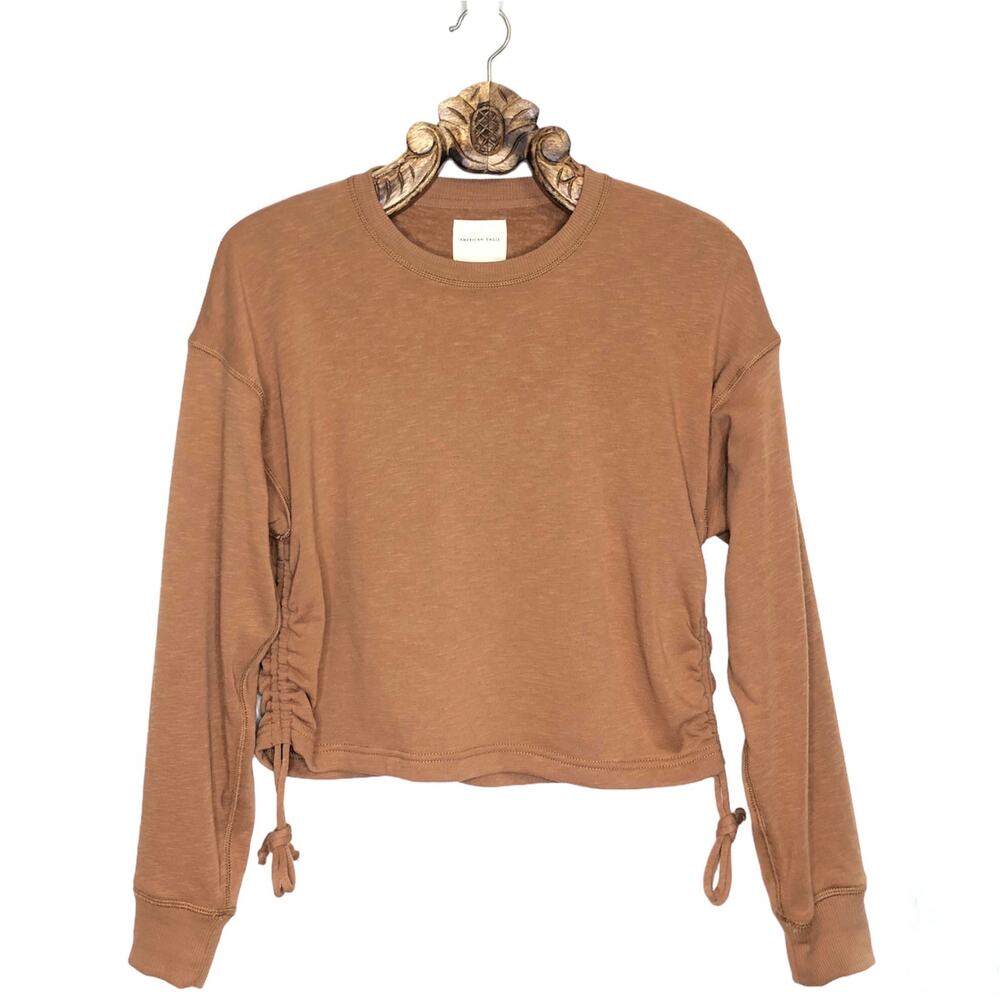 American Eagle Sweatshirt Tan Camel Crew Neck Pullover Cinch Sides Small